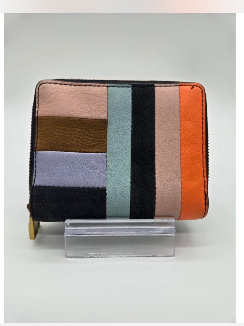 VTG Fossil Patchwork Navy Blue Leather Suede Wallet Double Zip Multicolor Stripe